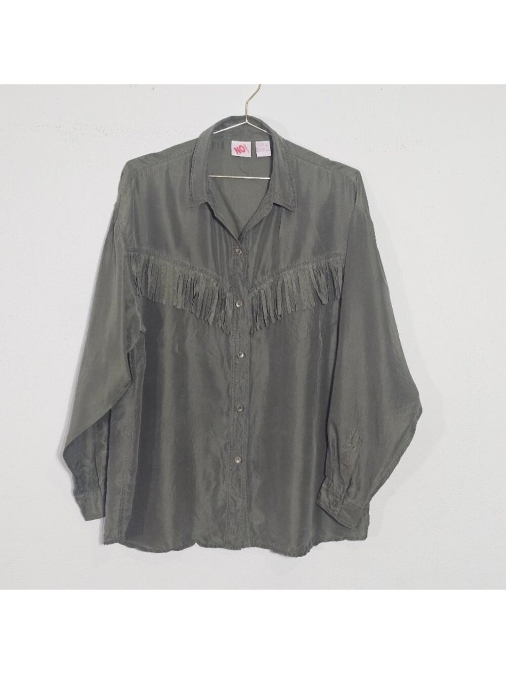 Vintage No Boundaries Olive Gray Fringe Silk Western Button Up Shirt L womens